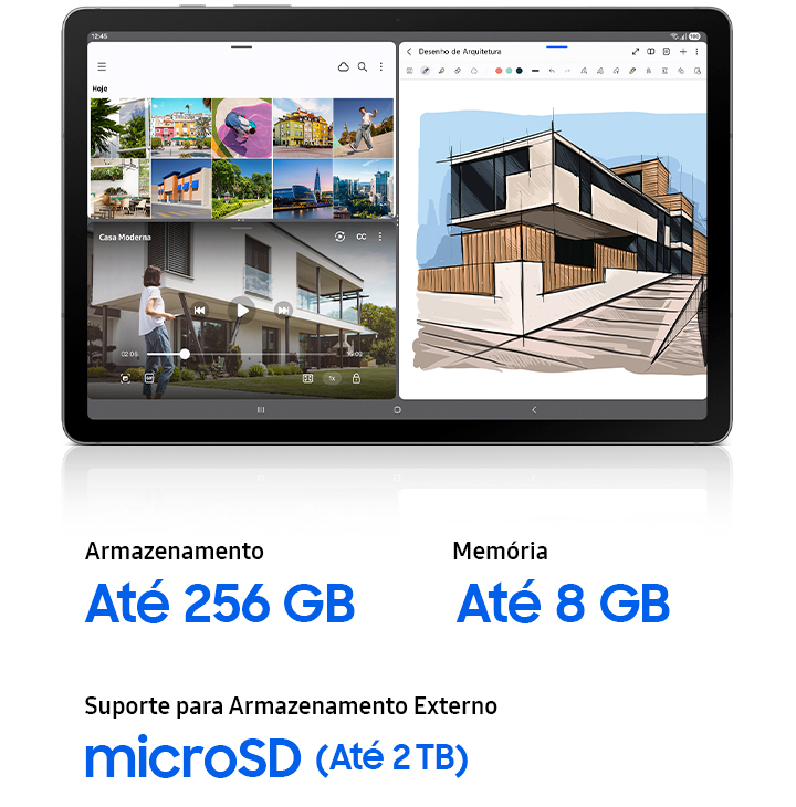 Galaxy Tab S10 Lite mostrando a tela grande executando a Gallery, um reprodutor de vídeo e o Samsung Notes ao mesmo tempo, demonstrando multitarefa suave com ampla memória e armazenamento para manter vários aplicativos abertos sem problemas. Leitura de texto Armazenamento de até 256 GB, memória de até 8 GB, suporte a armazenamento externo microSD (até 2 TB).